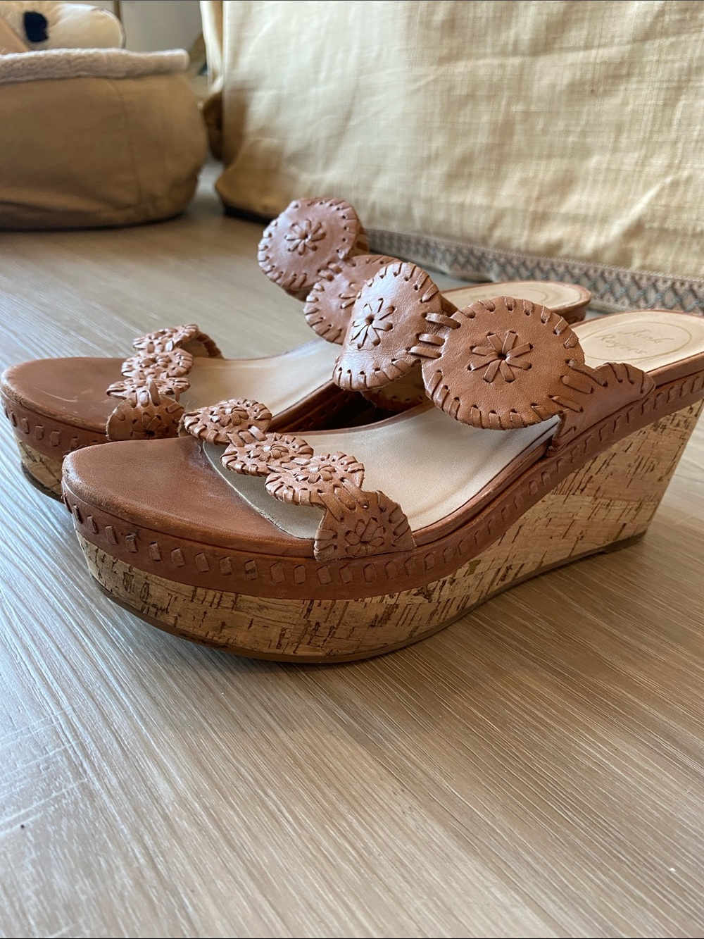 Jack Rogers Tan Leather Cork Wedge Sandals with Cutout Rosettes
